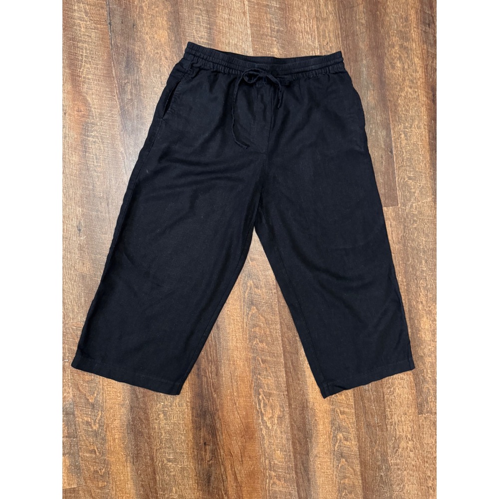 DKNY Black Linen Rayon Wide Leg Cropped Pull On Pants Medium